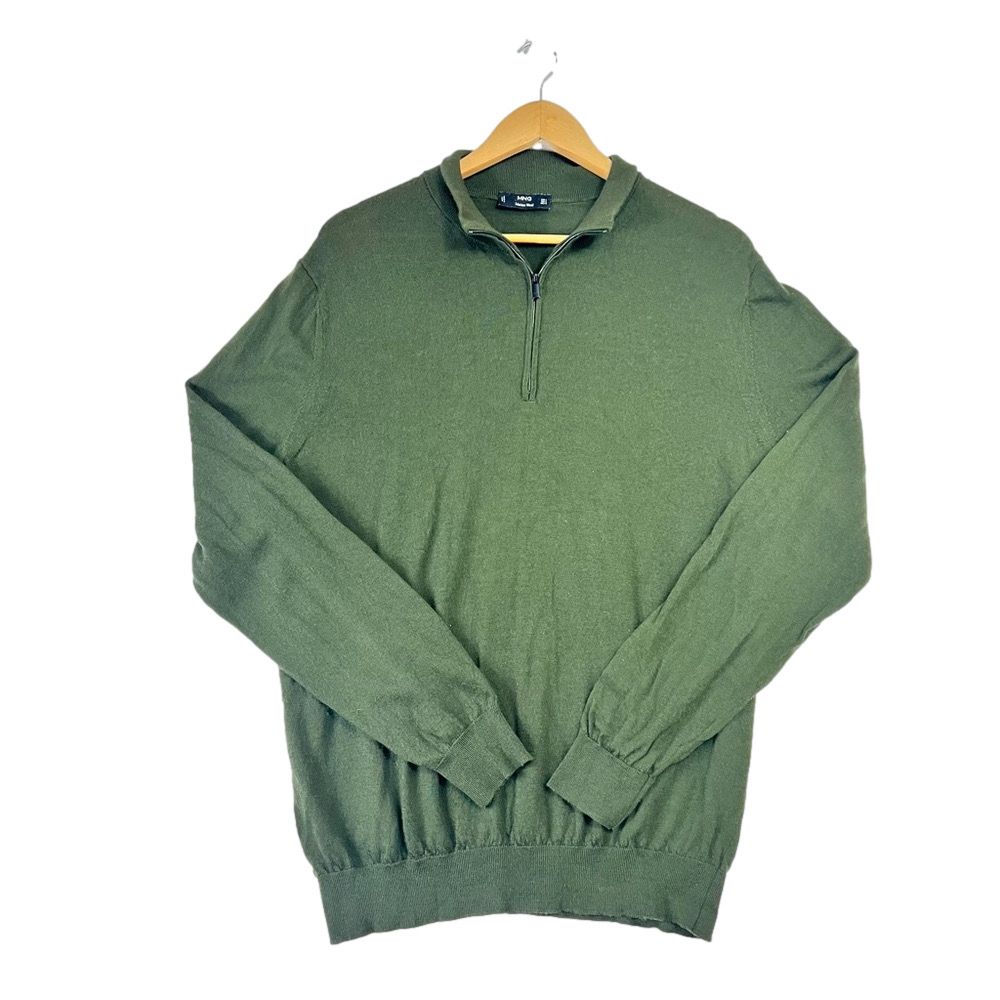 Mango MNG Men Merino Wool Sweater Green 1/4 Zip Size L Lightweight Preppy
